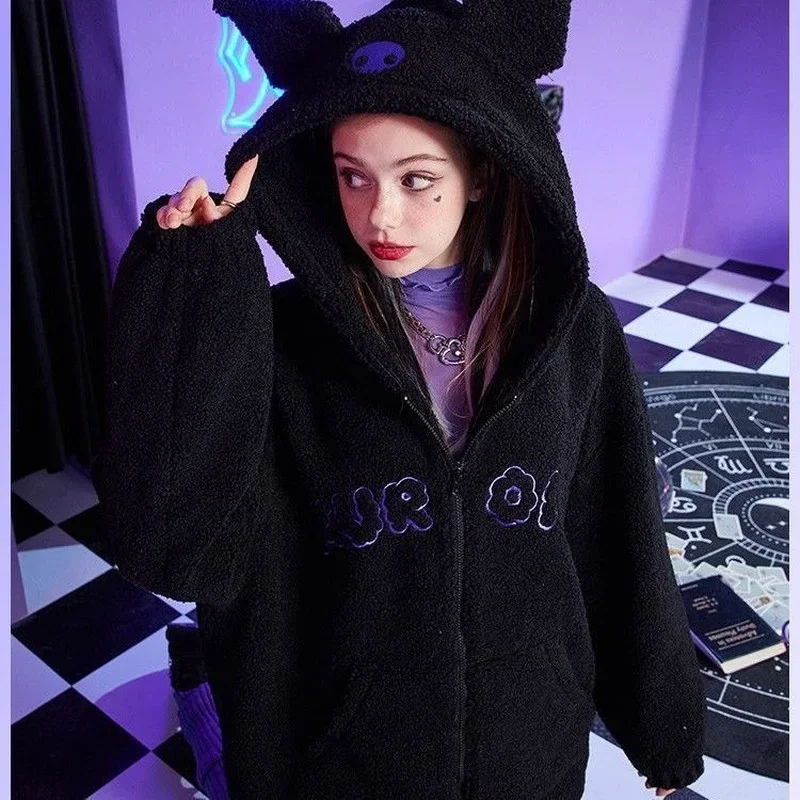 Kuromi Hoodie Women Autumn Winter Cute Thicken Keep Warm Jacket Fashion New Zip Cardigan Kawaii Sweater Long Sleeve Top Gift