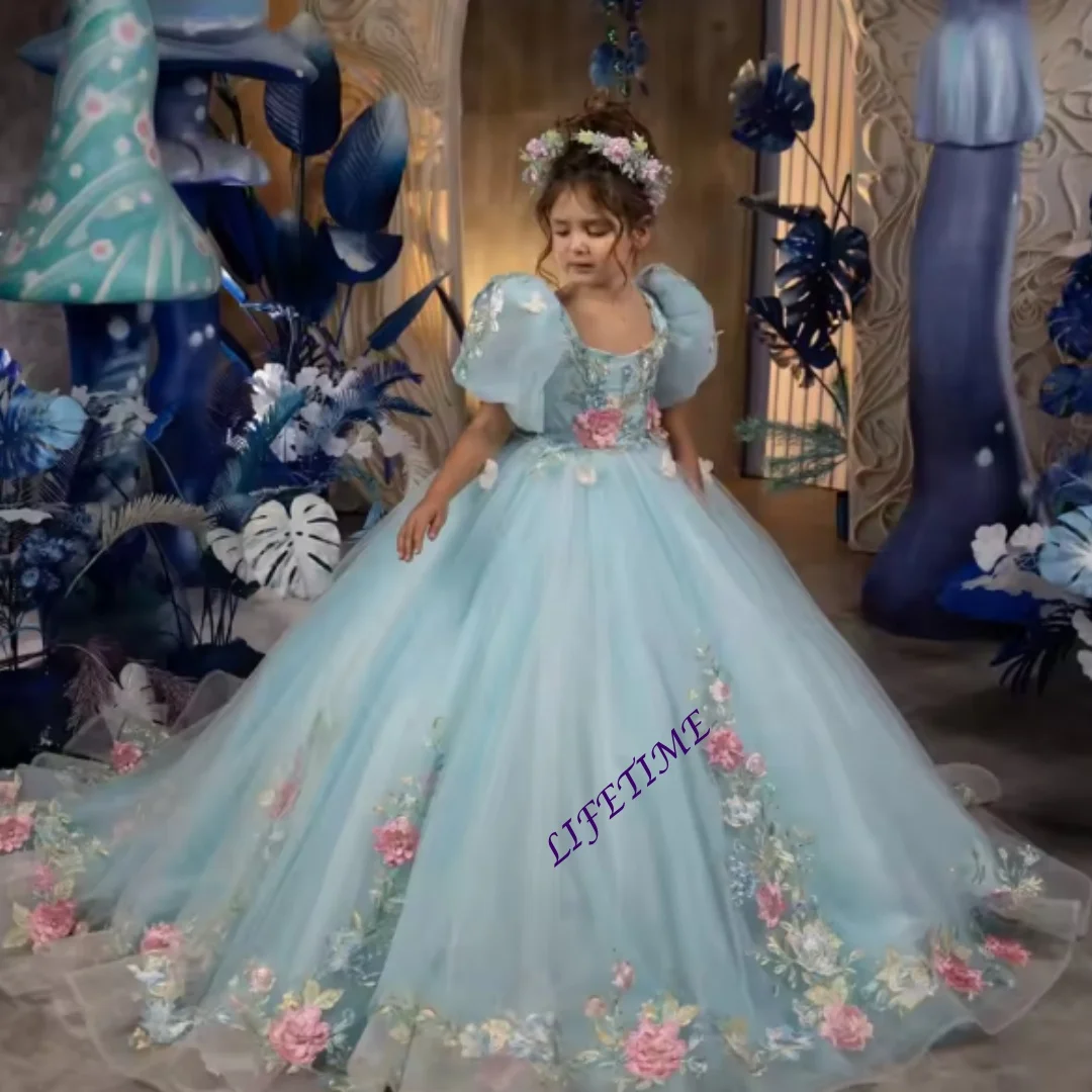 Customized Light Blue Girls Dress with Colorful Appliques Puff Sleeve Kids Princess Gown for Wedding Guest Stage Performance