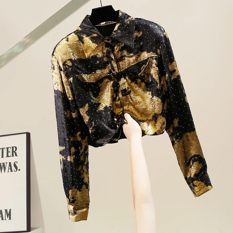 

Faionable Heavy-Du fiti Rhinestone Long Sve Slim Fit irt Design Women's Trendy Top Quali French Sle Loose Fit