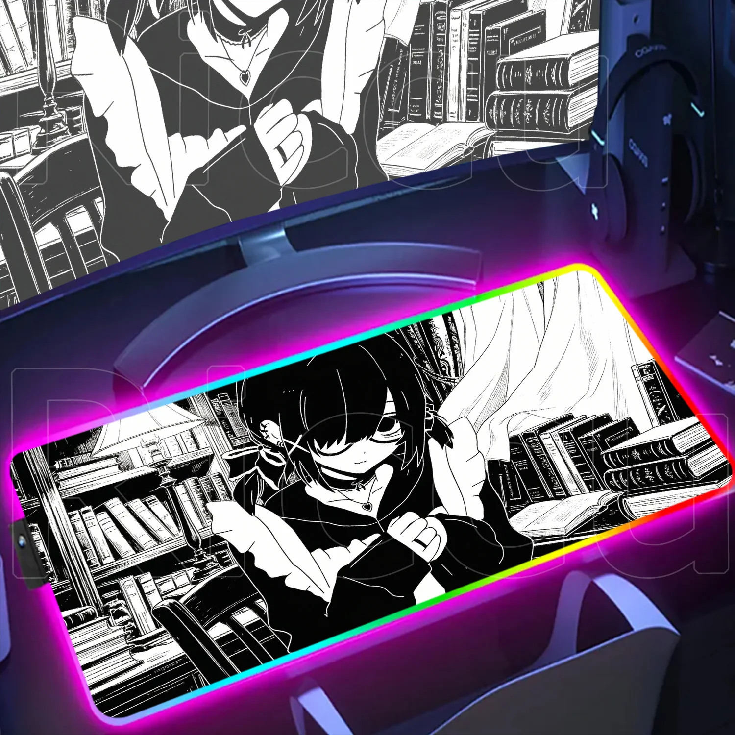 RGB HD Gaming Mouse Pad Pixel Aesthetics Anime Girl Keyboard Mat Non-Slip Backlit LED Large Rug Black White Office Desk Tablepad