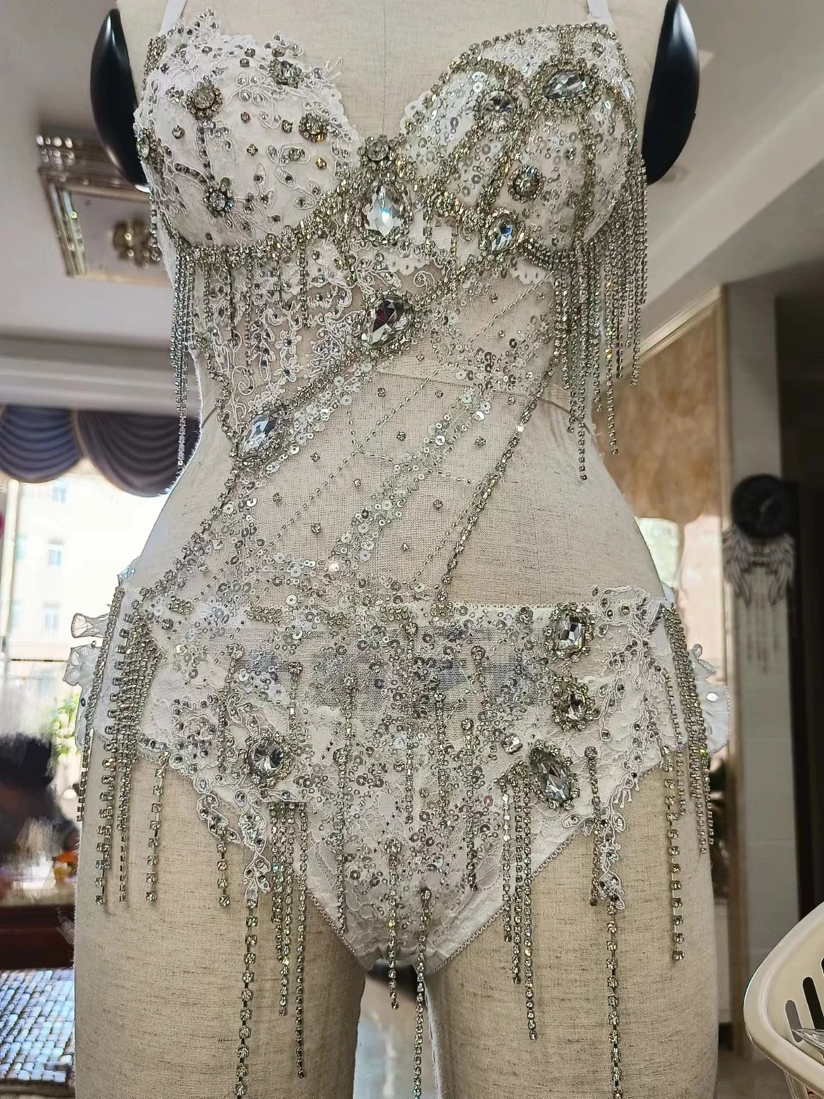 Sparkly Rhinestone Chains Bikini Bodysuit Sexy Nightclub Bar Gogo Stage Wear DJ Dancer Pole Dance Costume Music Festival Clothes