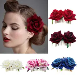 Red Rose Flower Bridal Hair Comb Pins Handmade Wedding Accessories Jewelry Women Prom Headpiece