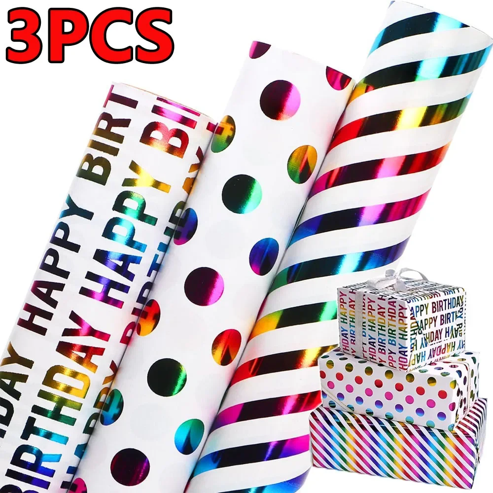 3Pcs 50x70CM Gift Wrapping Paper Wrapping Paper Happy Birthday Letter Stripes Wrapping Paper for Wedding Birthday Gift Packing