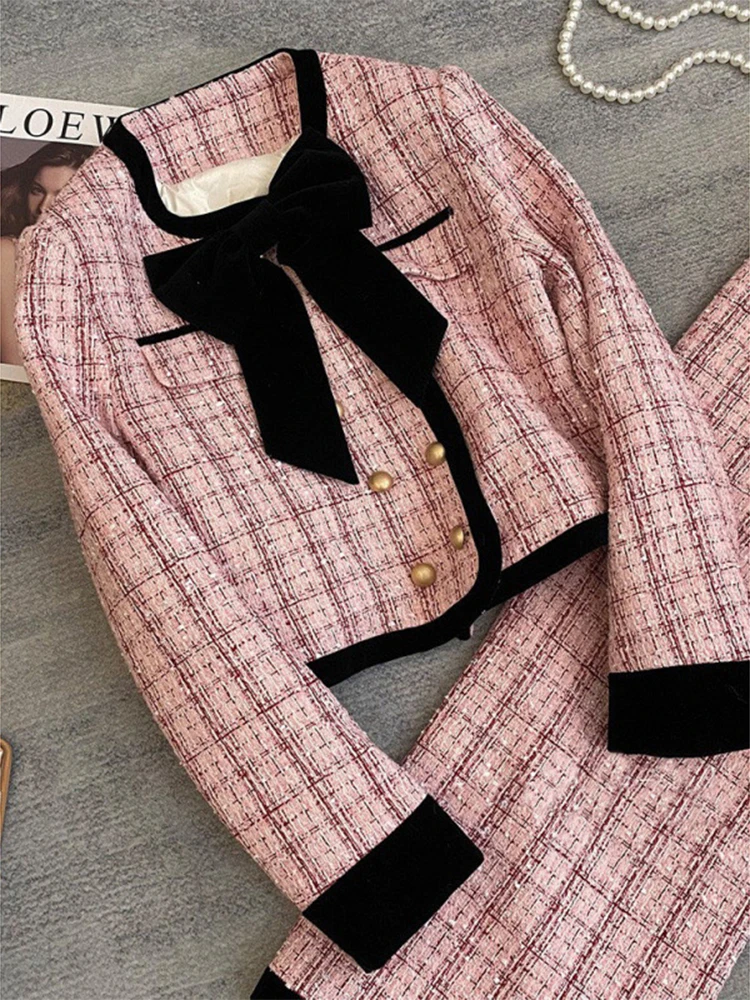 Korea Elegant Women Fall Winter 2 Piece Sets Bow Design Plaid Casual Coats Tops Ensemble Sexy Slim High Wasit Skirts Conjunto