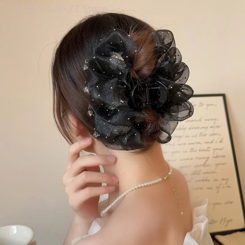 【MAX-22】Tulle Tassels Hair Claw For Women Temperament Shining Zircon Ponytail Shark Clip Princess Headdress Hair Accessories - Image 2