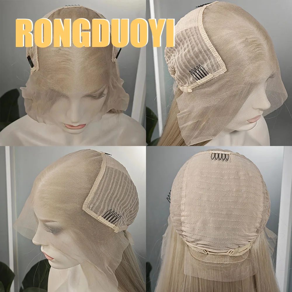 LearGDUOYI-Perruque Lace Front Wig synthétique sans colle, cheveux lisses blonds, 13x6, fibre chauffante, utilisation pour femmes, maquillage 03