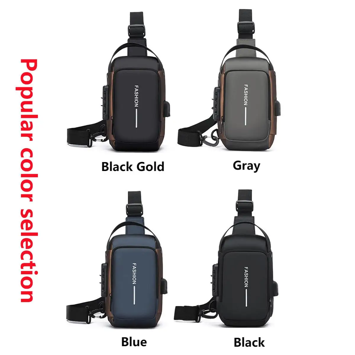 メンズ盗難防止パスワードロックチェストバッグ多機能防水調節可能なショルダーストラップUSB充電カジュアルクロスボディバッグ