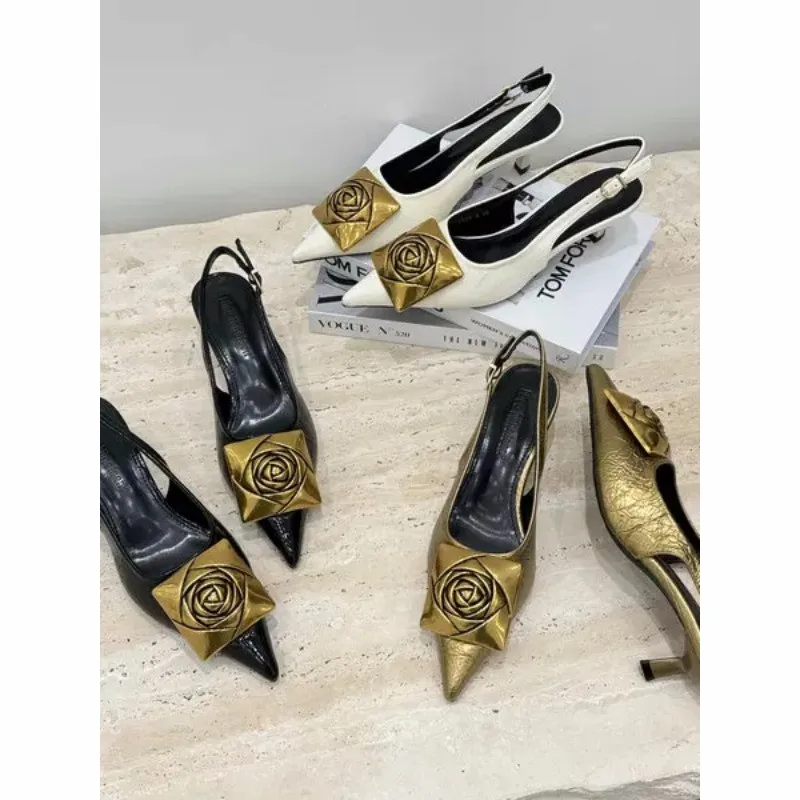 

New Spring/Summer 2026 Retro Camellia Flower Pointed Fine Heel Baotou Sandals for Women French Half Dragged High Heels