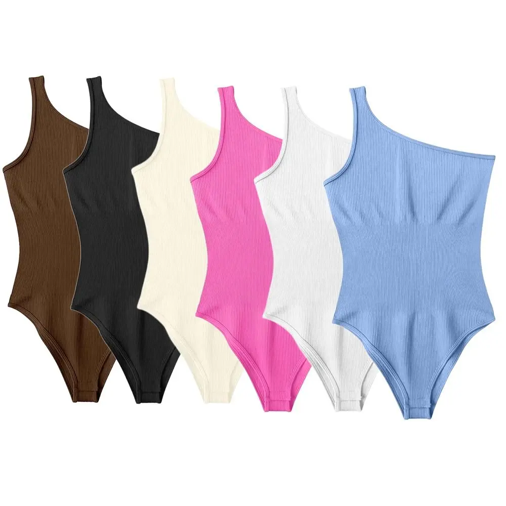 

Soft Sleeveless Fitness Bodysuits One Shoulder Ribbed Thong Leotard Seamless Scoop Neck Women's Jumpsuits Going Out