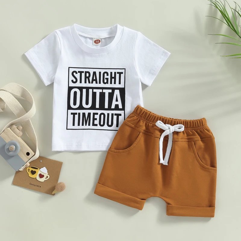 

2Pcs Infant Toddler Baby Boy Summer Clothes Short Sleeve Funny Letters T-Shirt Tops Solid Color Shorts Set Casual Outfit