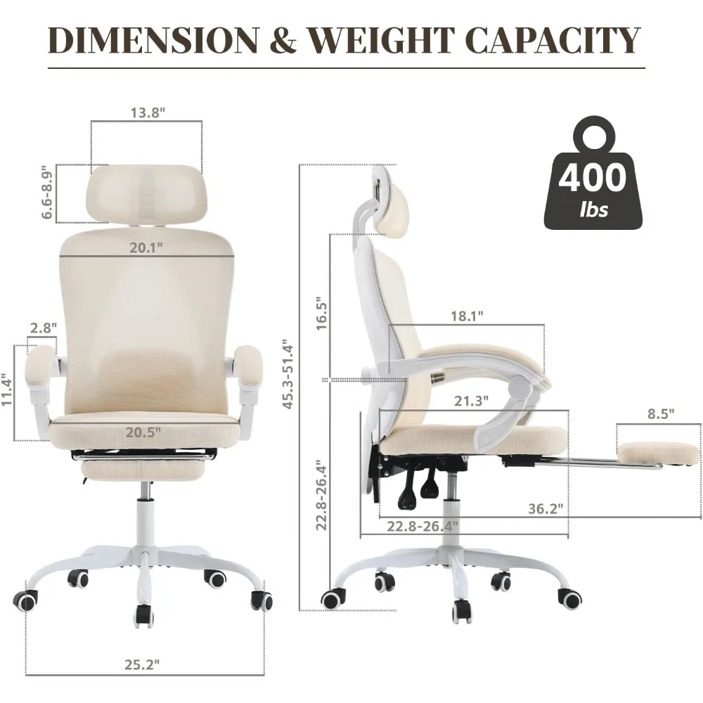 Office Chair,Adjustable Lumbar Support,400LBS Capacity,White Computer Chair with Retractable Footrest,Breathable