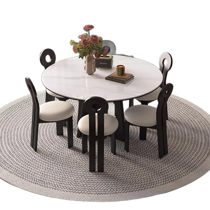Medieval style solid wood round dining table, rock slab French retro family home small apartment cream