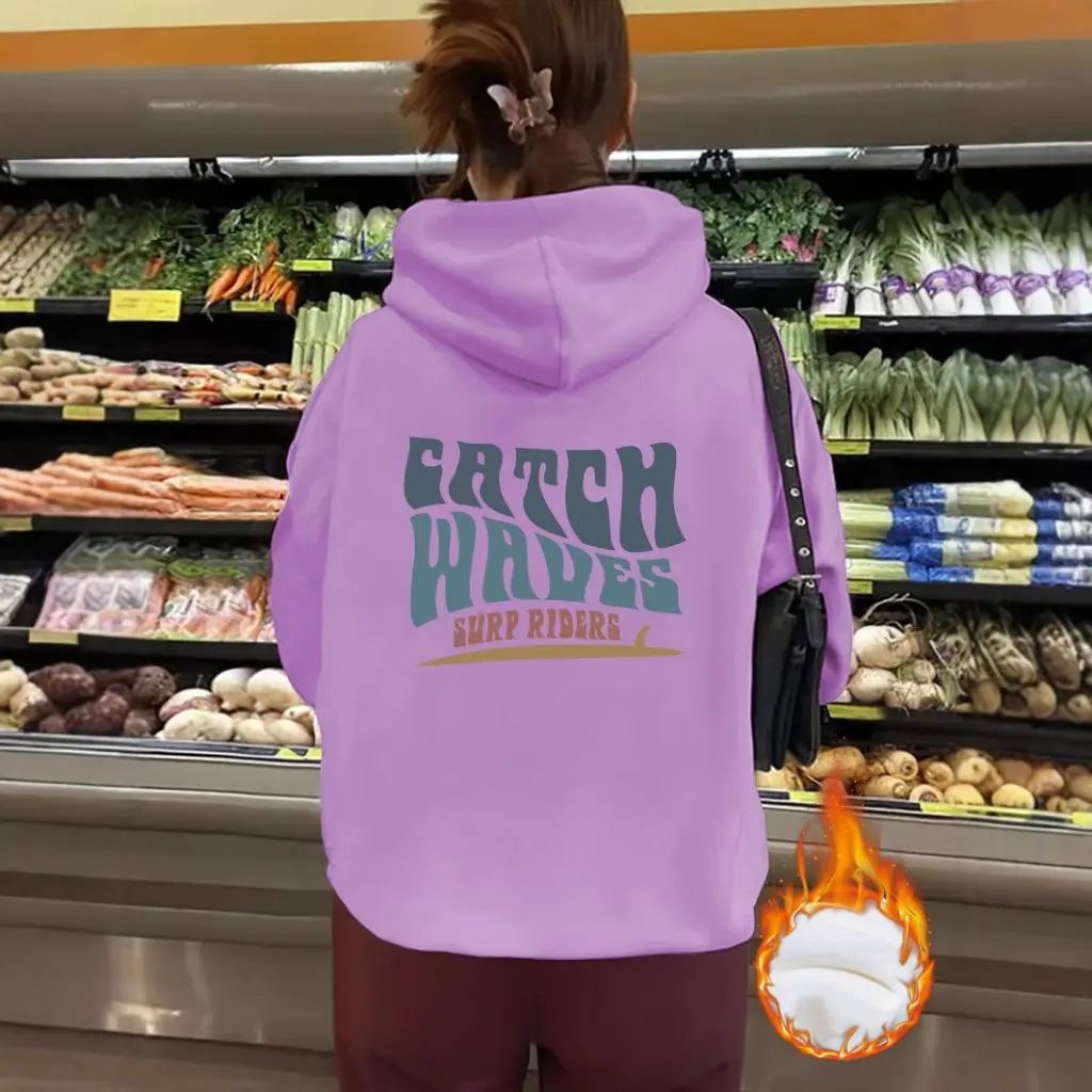 เสื้อสเวตเตอร์ผู้หญิงสไตล์ยุโรปและอเมริกา สำหรับฤดูใบไม้ร่วงและฤดูหนาว มีฮู้ด บุขนแกะ หนา แขนยาว สวมใส่สบายๆ  ลายคลื่น