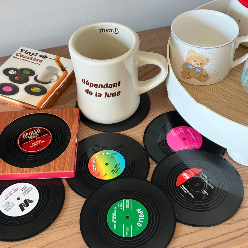 Newest 6pcs Record Cup Mat Plastic Retro Vinyl Anti-slip Coffee Coasters Heat Resistant Music Drink Mug Mat Table Placemat Decor