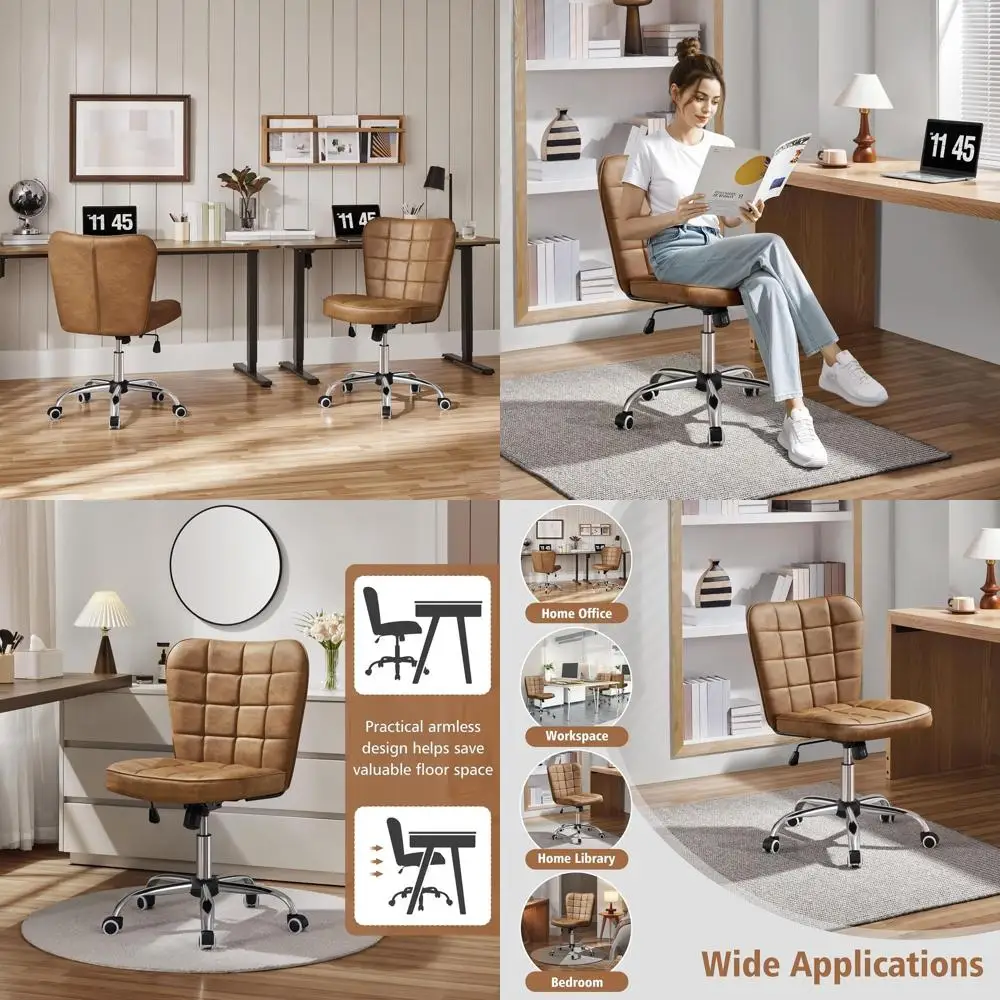 

Современное офисное кресло без подлокотников из искусственной кожи с регулируемой высотой и колесиками, коричневое, в стиле ретро