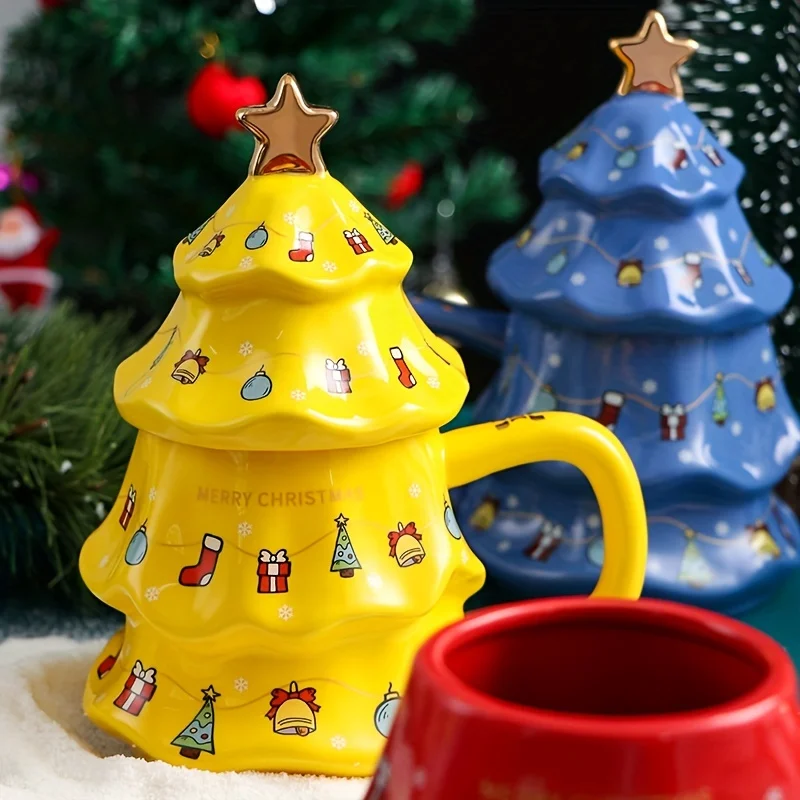 1pc Christmas Ceramic Coffee Mug With Lid 15 Oz (450 ML) Christmas Tree Shaped Coffee Cup Porcelain Coffee Milk Tea Cups School 