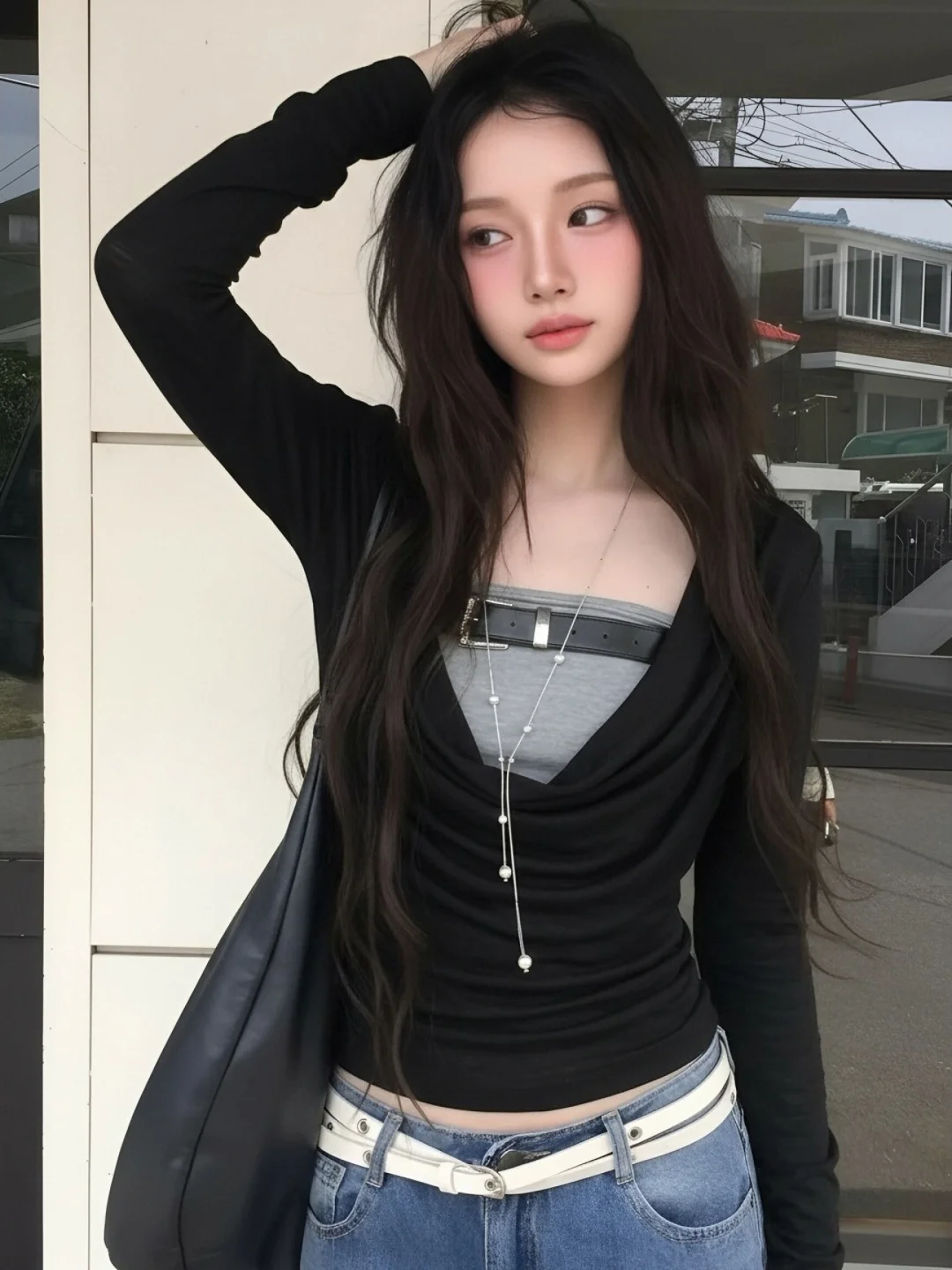 Black American Hot Girl Style Long Sleeve T-Shirt Women Early Autumn Slimming Design Sense Top Casual Universal Fit Youth Pur...
