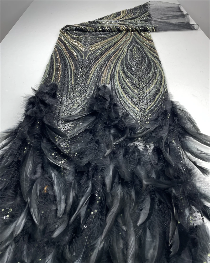 High End Evening Gown Wedding Dress with Feathery Bead Tube Sequins Embroidered Lace Fabric for Stage