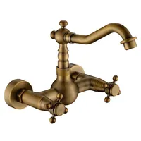 Hot Sale Bathroom Sink Faucet Antique Brass Wall Mounted Kitchen Basin Faucets Dual Handle Swivel Spout Hot Cold Water Tap With