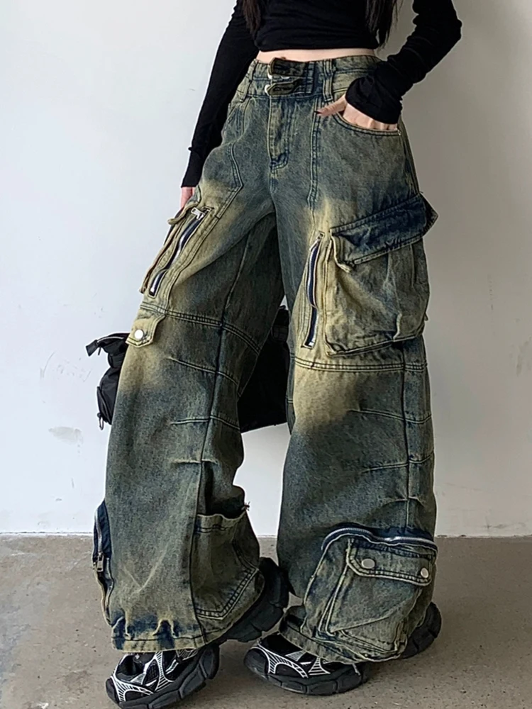 RORORIRI Multi-pocket Dual Buttons Baggy Jeans Women Retro Wash Do Old Zipper Stitch Wide Denim Cargo Pants Harajuku Streetwear