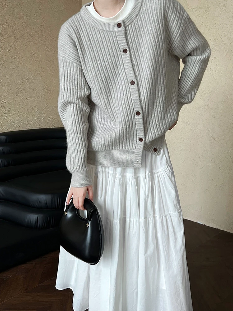 [EAM] Dark Gray Big Size Elegant Knitting Cardigan Sweater O-Neck Long Sleeve Women New Fashion Tide Spring Autumn 2024 1DH7725