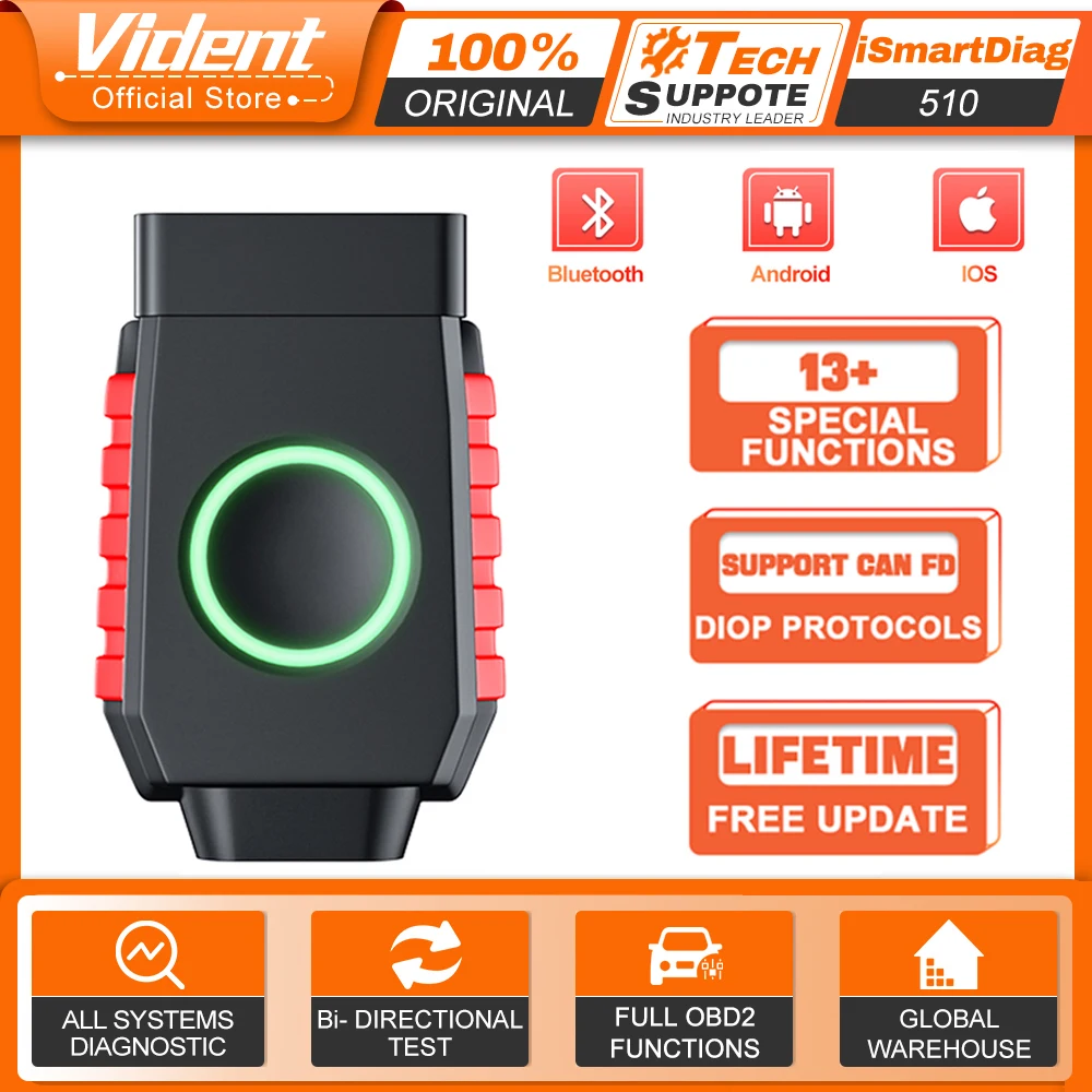 VIDENT iSmartDiag510/510Pro Full System Diagnostic Tools 13+ Reset Bi-Directional With CAN FD & DIOP Lifetime Free Update