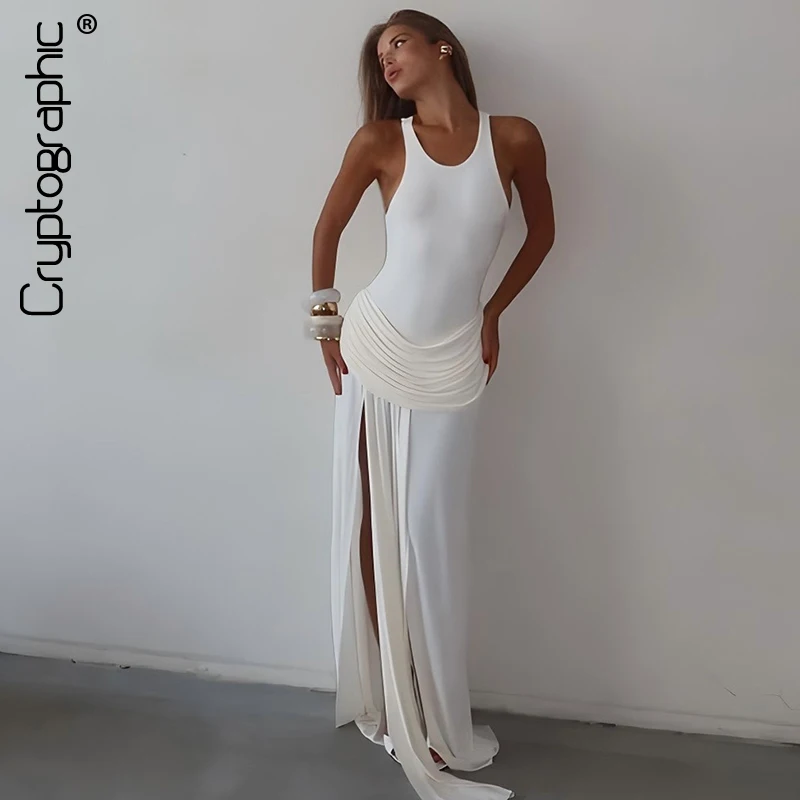 

Cryptographic Elegant Ruched Split Maxi Dress for Women Birthday Party Club Outfits Sexy Sleeveless Long Dresses Prom Gown Solid
