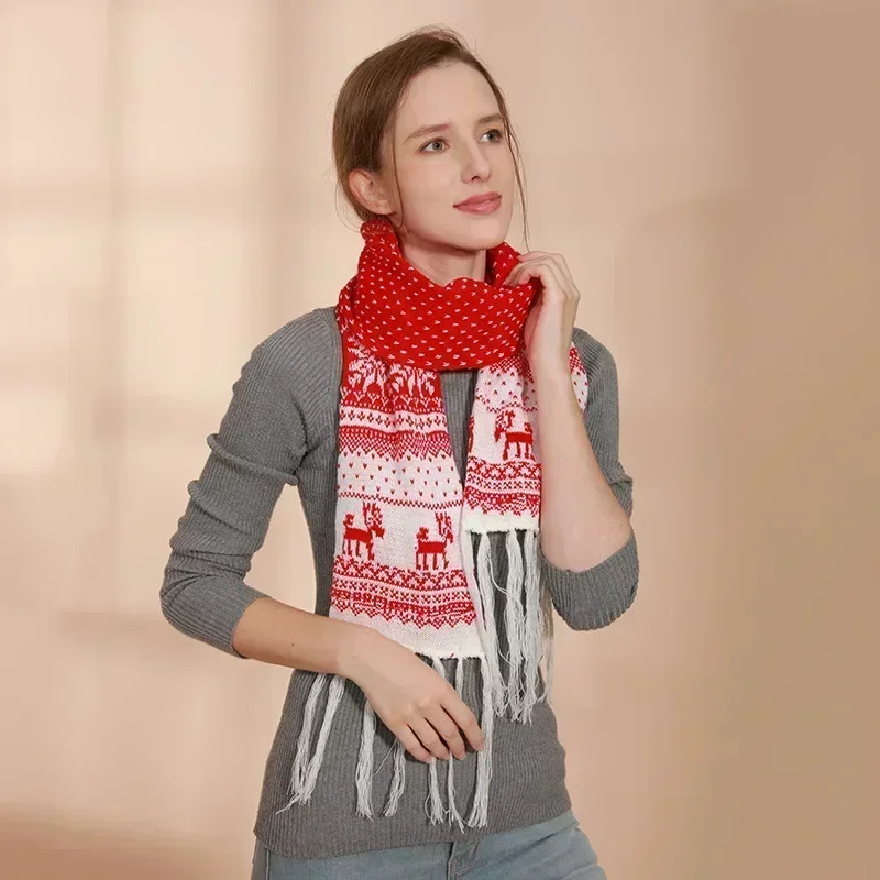 1pc Christmas Red Scarves Cartoon Reindeer Snowflake Warm Scarf Man and Woman Christmas Scarves for Women Sweet Girls Black 2024