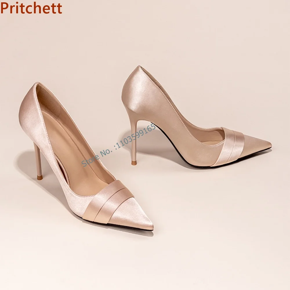 Décolleté con cinturino dritto di colore misto punta a punta tacchi sottili Slip On scarpe a spillo Nude estate eleganti scarpe da donna in stile francese 2024