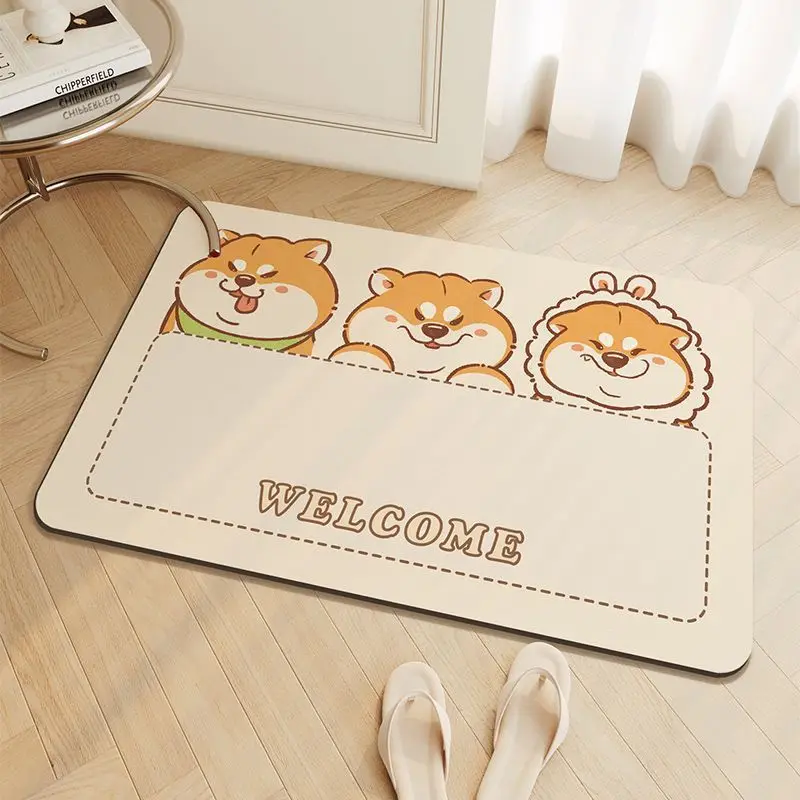 Shiba Inu cartoon pattern diatom mud bathroom absorbent floor mat toilet floor mat door cartoon non-slip washable