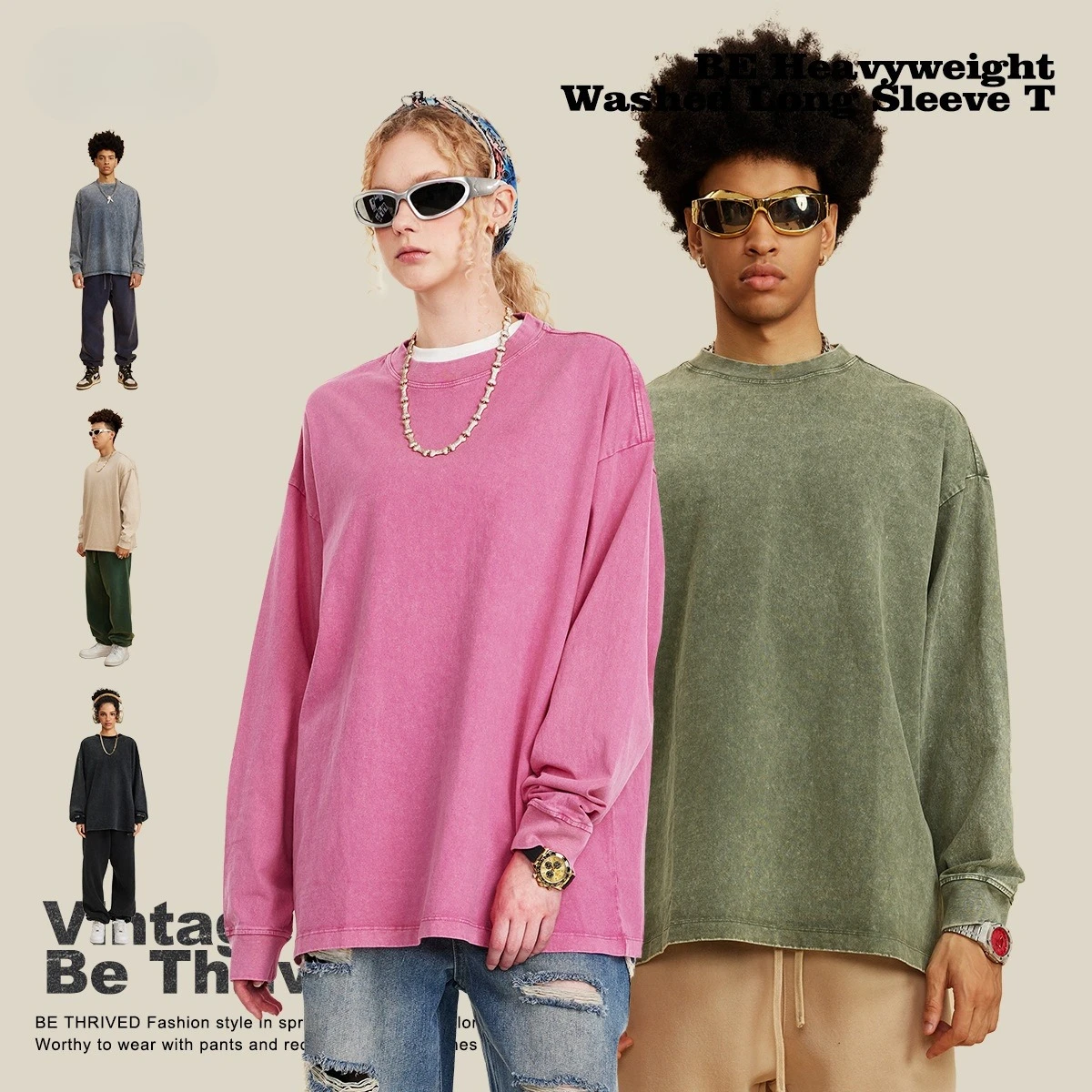 SHINBENE Men's Vintage Washed Pure Cotton 260G Long Sleeve T-shirt for Teens