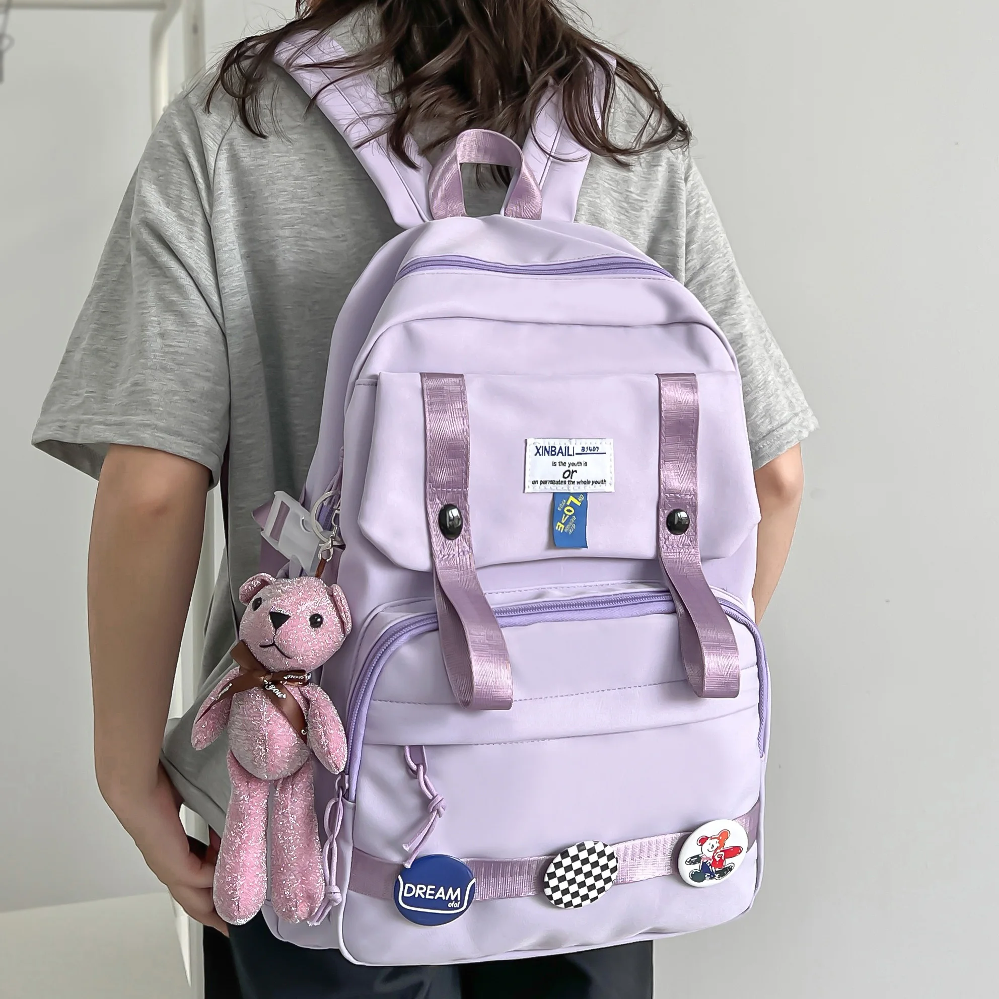 

Female Waterproof Purple Teenager Book Bag Fashion Girl Badge Travel Laptop Backpack Women Leisure School Lady Nylon College Bag