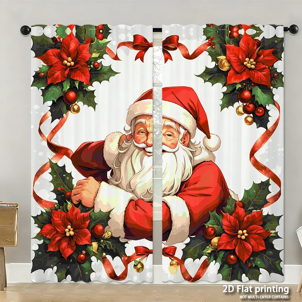 2-piece set of high-definition digital printed curtainsChristmasSantaRedHollyFlowersRibbonHome decoration style