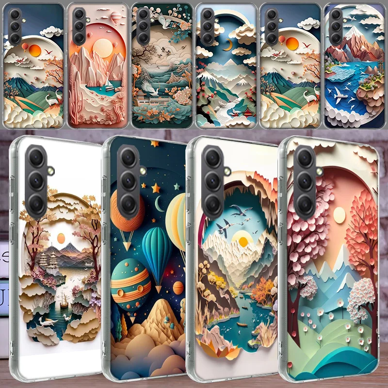 Paper Cuttings Mountains and Rivers Phone For Samsung Galaxy A15 A25 A35 A55 A71 A51 A41 A31 A21 A11 M12 M30S M31 M32 M51 M52 J8