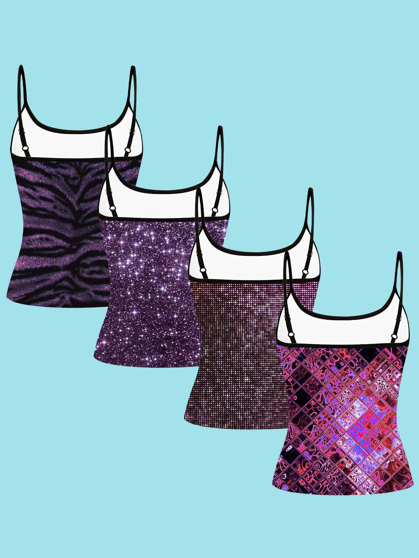 4-Piece Set of Women's Purple-Toned Dark Print Camisoles with 2D Digital Tiger Pattern, Starry Sky, Rhinestone Mosaic, Slim-Fit Spaghetti Strap Inner Tops