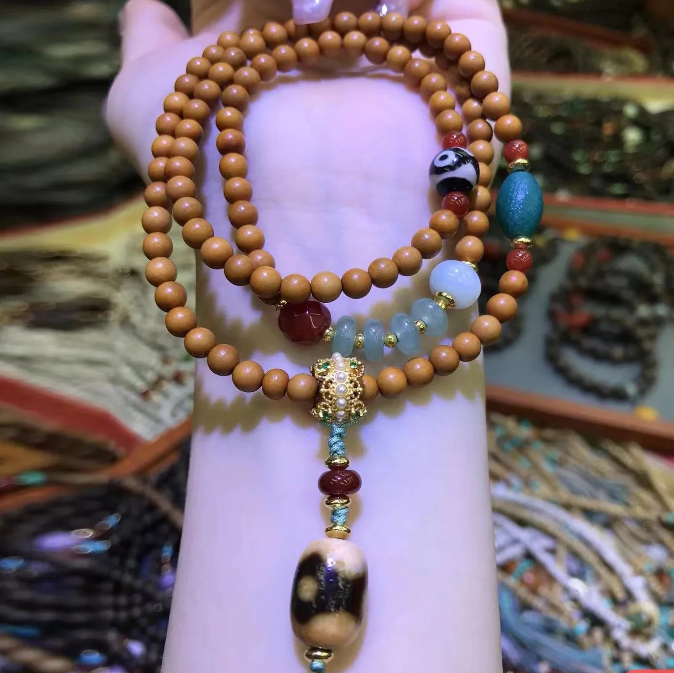 Olive Pit Multi Wrap Mala Bracelet Tibetan Style Three Eyes Dzi Bead Movable Ring Prayer Beads Wenwan Jewelry For Women
