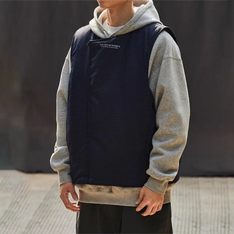 Autumn Round Neck Trendy Thick Camisole Men's Navy Blue High Street Retro Sleeveless Coats Slant Opening Button Lightweight Vest