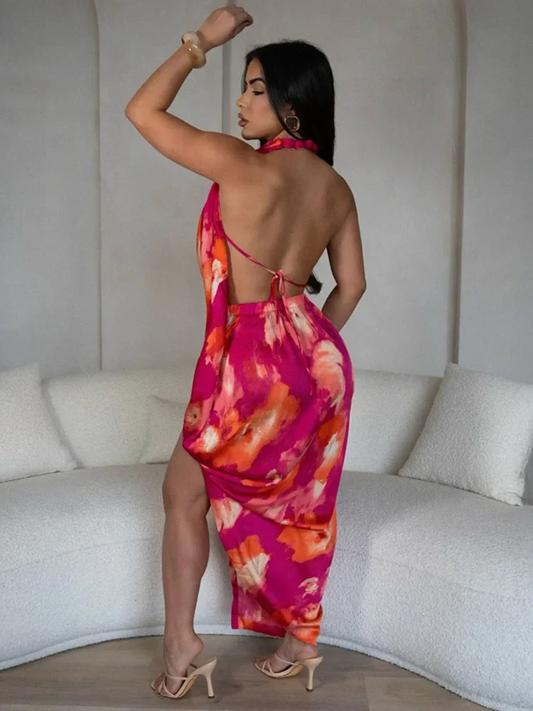 เซ็กซี่ Halter Backless Wrap Maxi ชุดผู้หญิงแขนกุด V คอ Tie Dye พิมพ์ซาตินสูงแยก Club Party ชุดยาววันหยุด