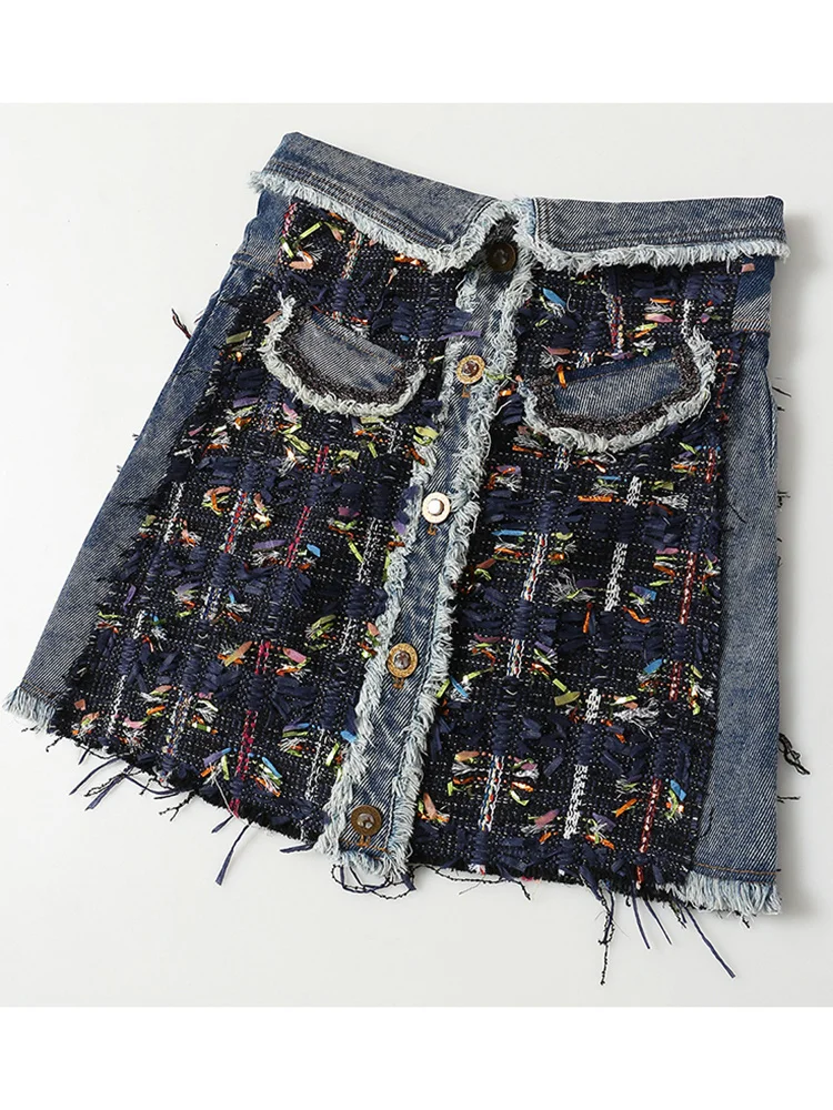 [EAM] High Waist Blue Denim Ribbon Tassels Tweed Burr Mini Half-body Skirt Women Fashion Tide New Spring Autumn 2024 1DE2310