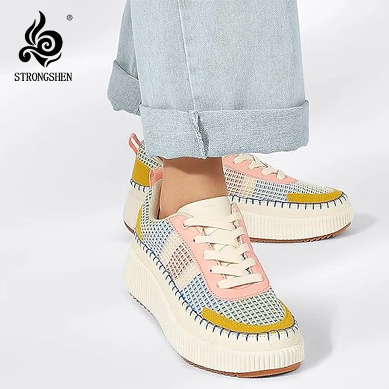 STRONGSHEN Women Platform Casual Shoes Woman Sneakers Fashion Ladies Chunky Non Slip Weave Walking Shoes Zapatos Plus Size 42