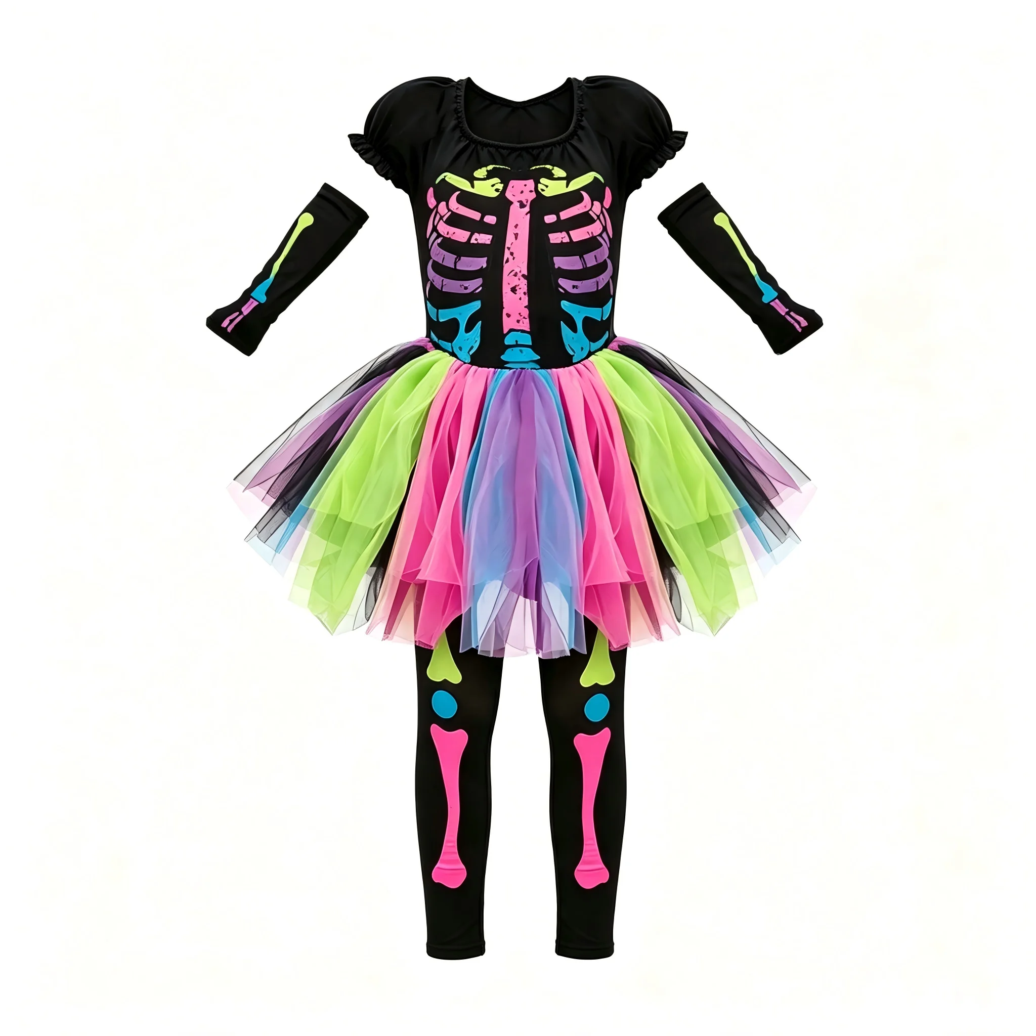 Kids Girl Rainbow Mesh Tutu Witch Dress Color Skeleton Print Costume Complete Set Candy Bag Halloween Carnival Party Fancy Dress