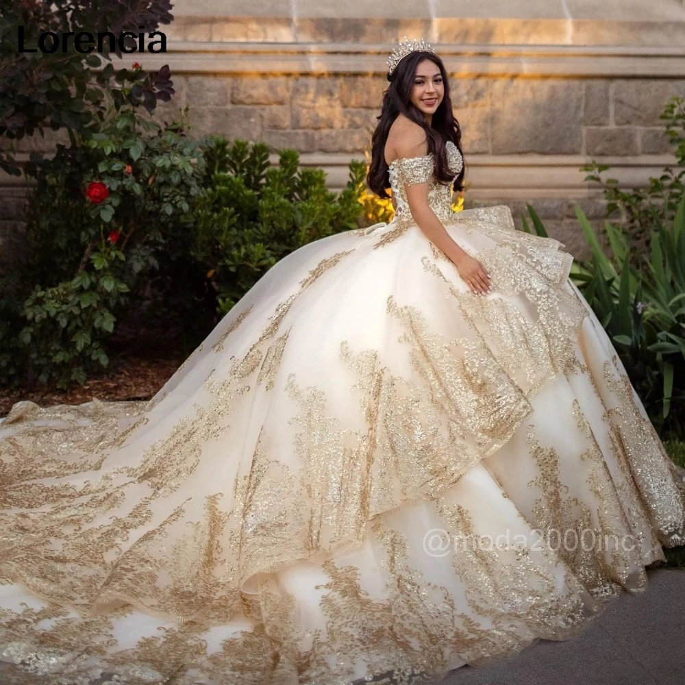 

Customized Shiny Quinceanera Dress Ball Gown Gold Lace Applique Beaded Pearls Tiered Corset Sweet 16 Vestidos De 15 Años YQD964