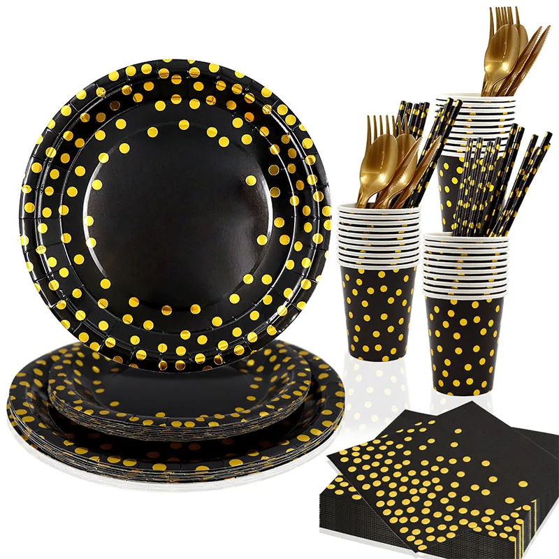 

10 Guest Black Gold Dots Party Supplies High Quality Disposable Paper Plates Cup Napkins for Graduation Wedding Bridal Shower