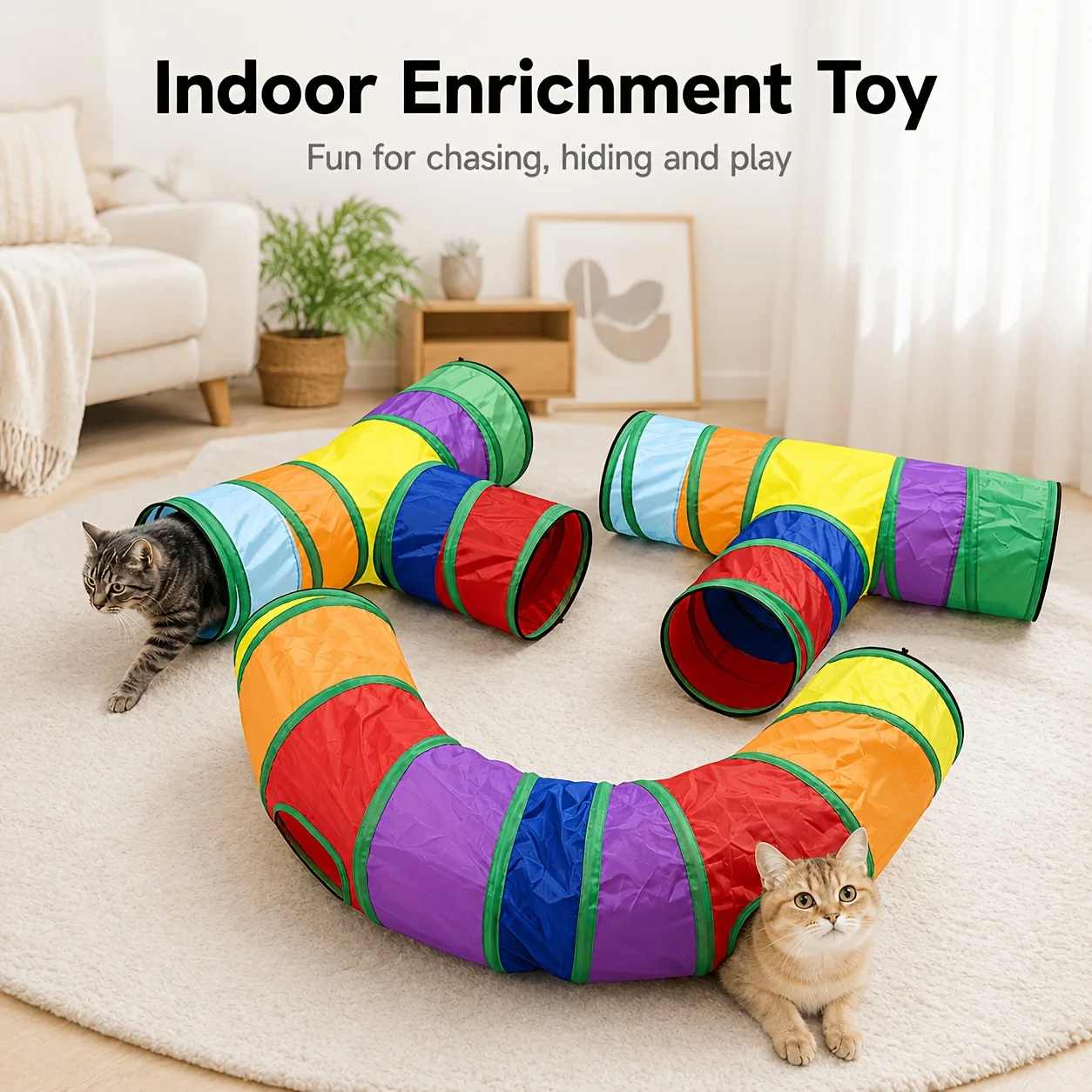 Tunnel pour chats interactif arc-en-ciel multi-sorties, grand, pliable, durable, résistant aux griffures et aux morsures