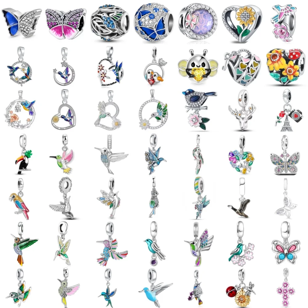 

Colorful Hummingbird Butterfly Flower Heart Enamel Charms Beads 925 Sterling Silver DIY Jewelry for Women Gift