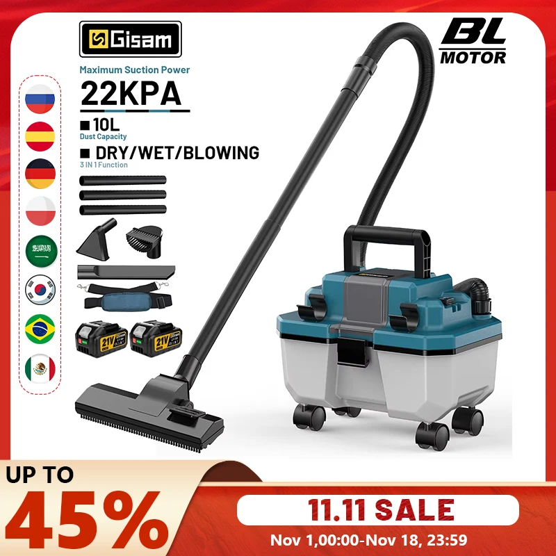 Gisam 22Kpa Brushles Electric Vacuum Cleaner 10L 3-in-1 Portable Wet-Dry Vacuums Blow Dust Cleaning For Makita 18V Battery Pin