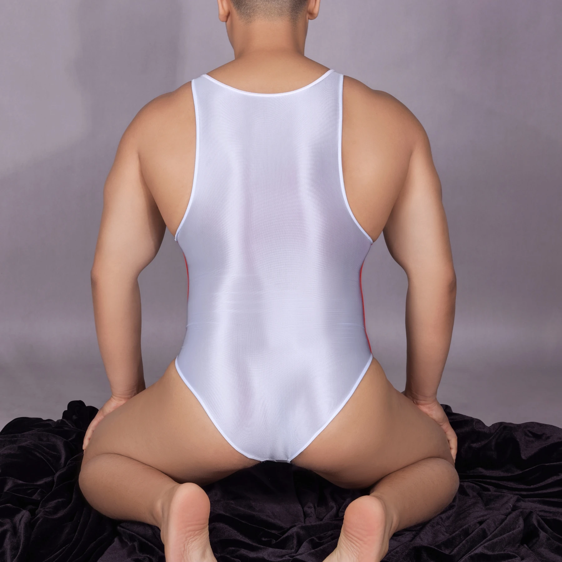 Men Sexy polychrome Bodysuit High Cut Oil Glossy See Through Stretchy Backless Rompers Thin Playsuits Sheer Ice Silk Sleepwear