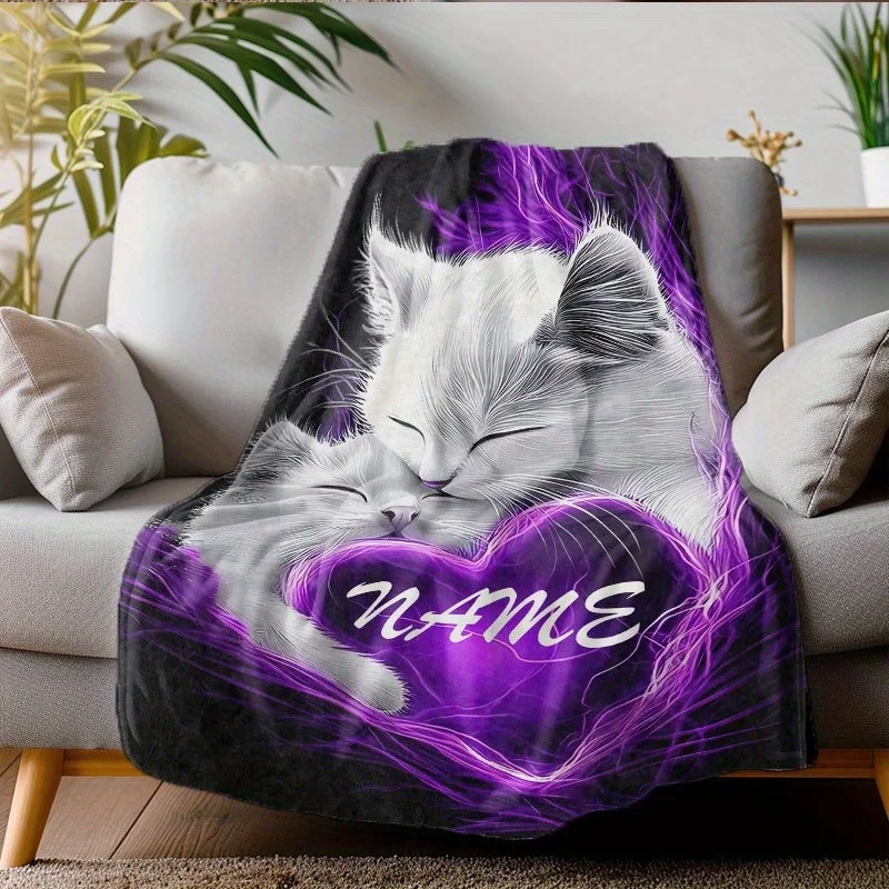 1pc custom white cat patterned air conditioning blanket with purple peach heart personalized name cover blanket for ladies and b