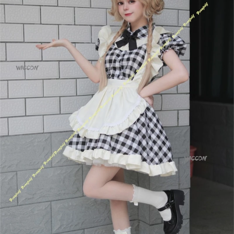 Disfraces de Cosplay para niñas, bonito vestido de sirvienta corto a cuadros, falda, uniforme de Lolita, lazo rojo y negro, accesorios para mujeres, Navidad y Halloween