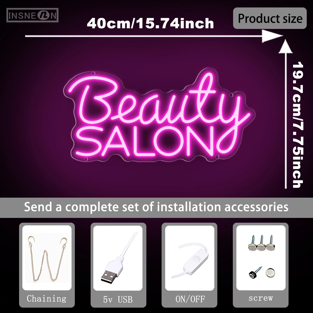 Beauty Salon LED Neon Sign Powered USB for Nail Studio Barbershop Commercial Studio Sign Bedroom Desk Wall Decor Lady Birthday